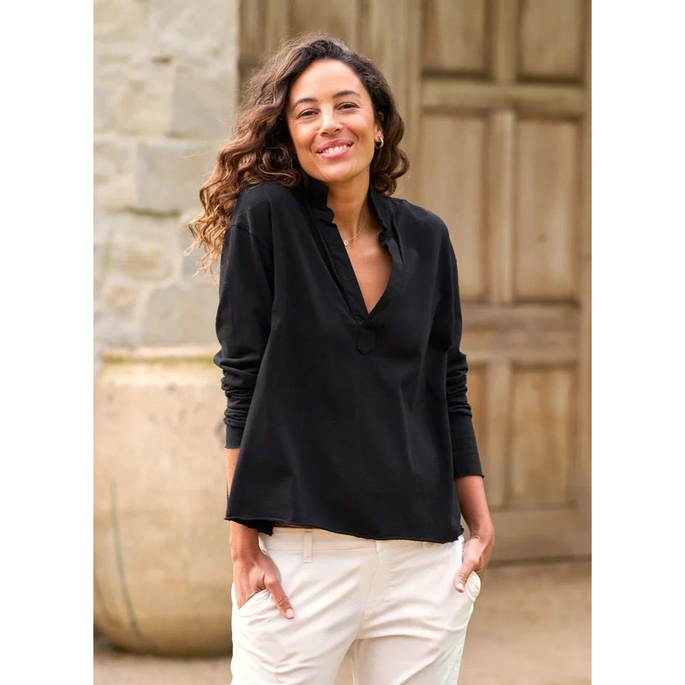 Frank & Eileen Patrick Popover Henley Black Cotton Long Sleeve V-Neck Top Size M